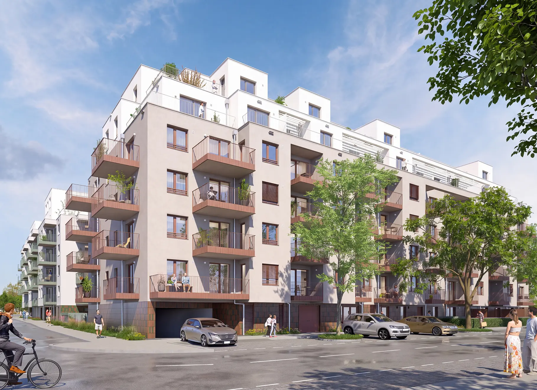 Straßenansicht der Wohnanlage Forsthausgasse 9 mit Balkonen, Dachterrassen und begrünter Umgebung