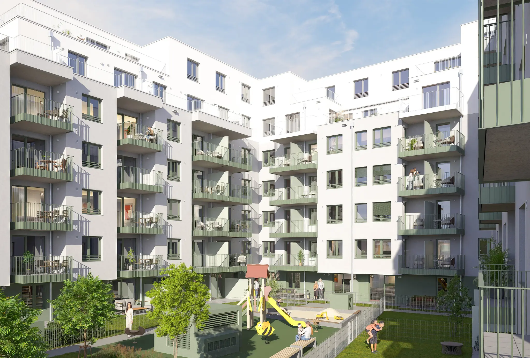 Begrünter Innenhof der Wohnanlage Forsthausgasse 9 mit Kinderspielbereich, Rutsche und Sitzbänken, umgeben von Balkonen und Grünflächen