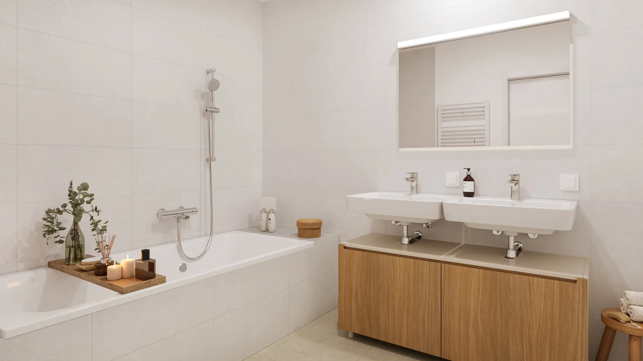Modernes Badezimmer mit Doppelwaschtisch, Badewanne und Handtuchheizkörper.
