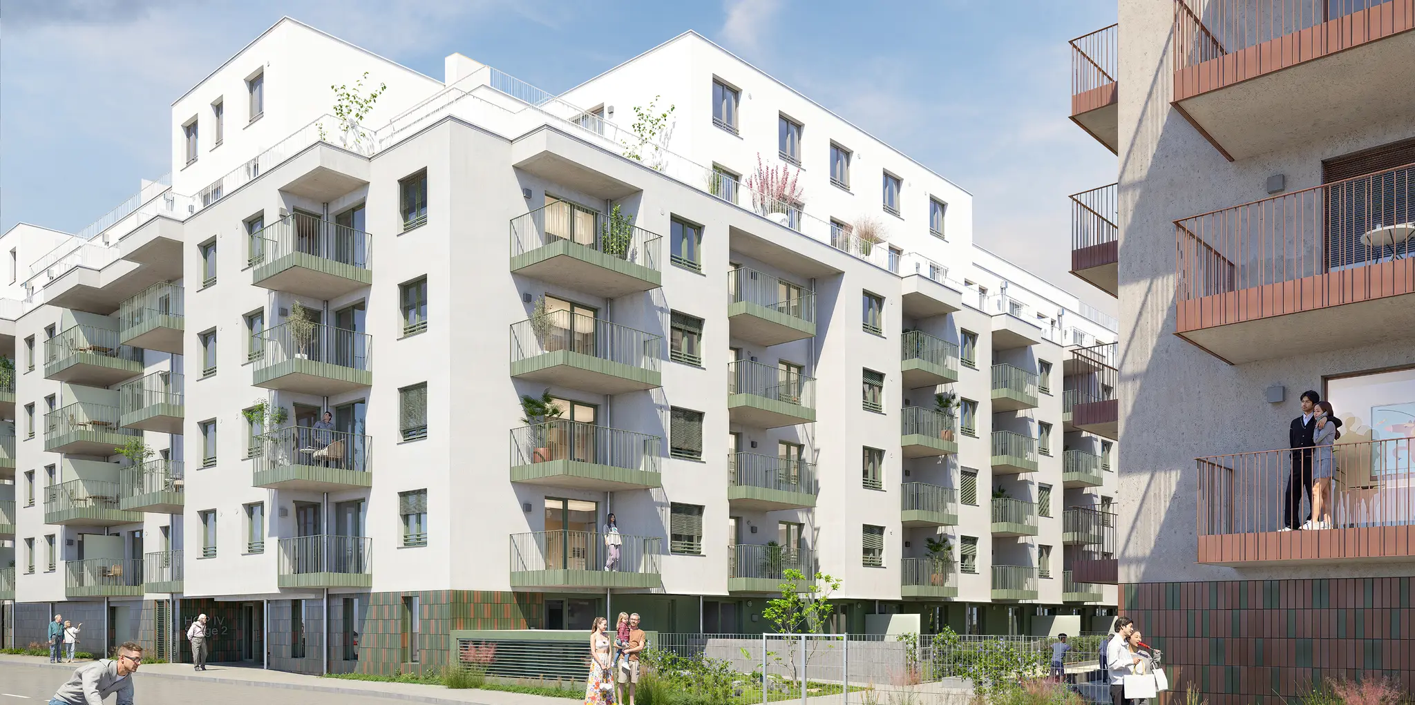 Straßenansicht der Wohnanlage Forsthausgasse 9 mit begrünten Balkonen und Radweg im Vordergrund.